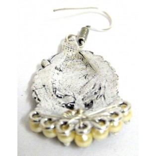 Silver Oxidized Oval Floral Earring - Hook Dangle Drop Long Tribal - Cream Beads